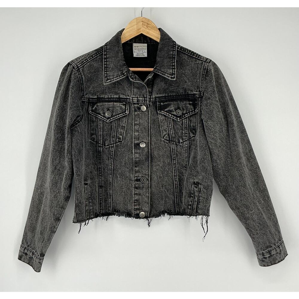 Pink Floyd 1973 US Tour Cropped Black Denim Jacket Women’s Small Raw Hem Band - Picture 2 of 6
